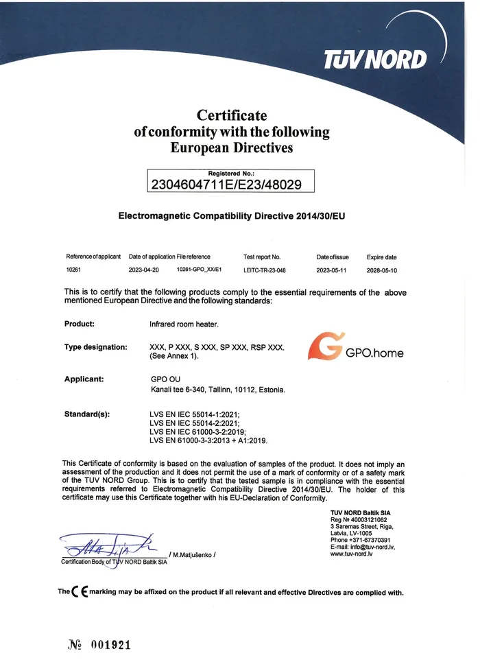 GPO iotHub TPCB — LVD certificate scan, TÜV NORD Baltik