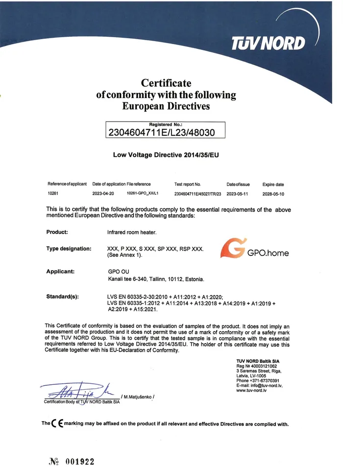 GPO iotHub TPCB — EMC certificate scan, TÜV NORD Baltik