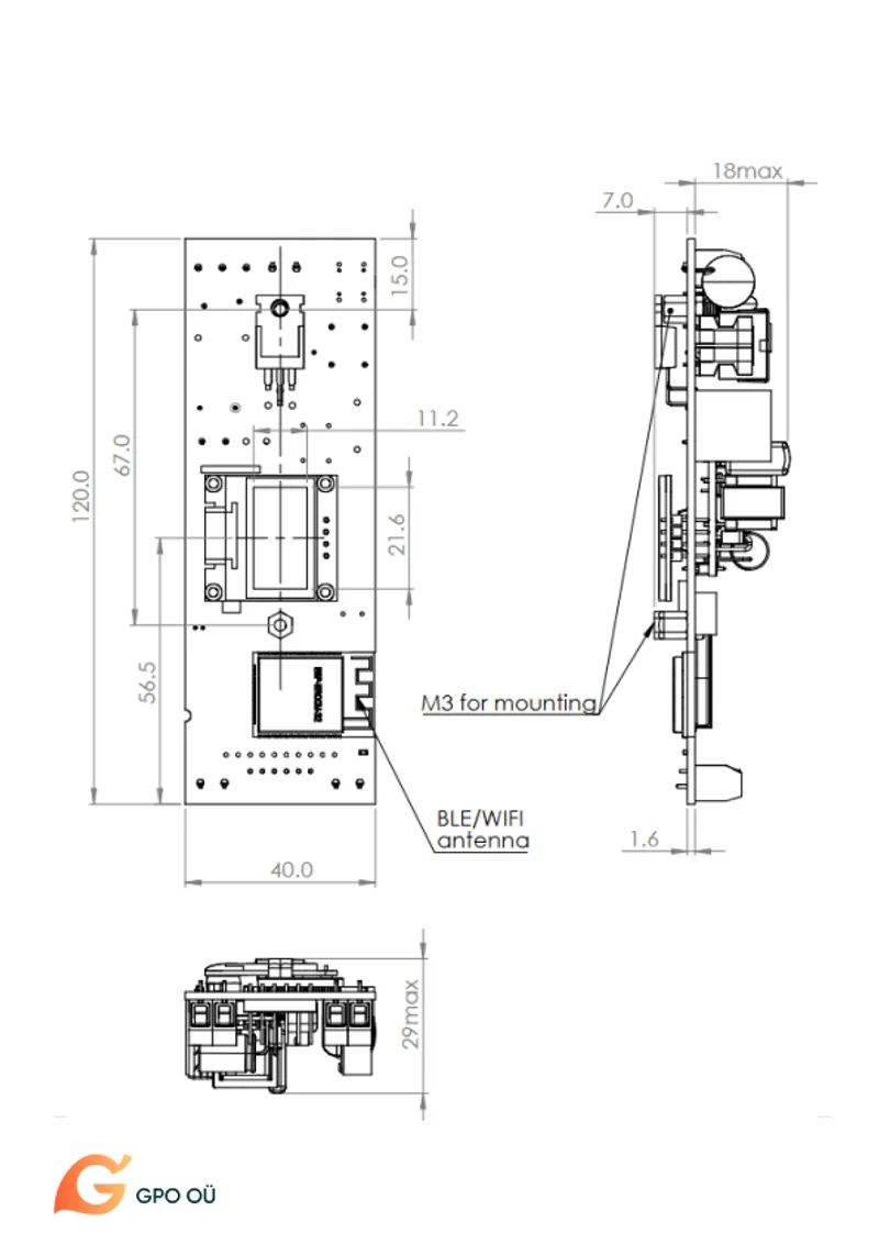 GPO iotHub TPCB control board — dimensional drawing, 120 × 40 mm
